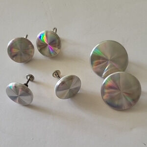 Estate Jewelry Clip-On Earrings Diffraction Iridescent Round Button Style 3 Pair